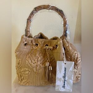 Tommy Bahama Natural Woven Straw Drawstring Shoulder Bag with Bamboo Handles